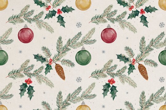 Watercolor christmas seamless pattern with pine branches, holly leaves, red berries, pine cones, and colorful baubles on a light cream background