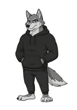 Anthropomorphic Wolf Character Design Wearing a Black Hoodie and Sweat