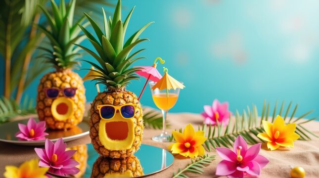 Two funny pineapples with sunglasses and tropical drinks on a sunny beach vacation