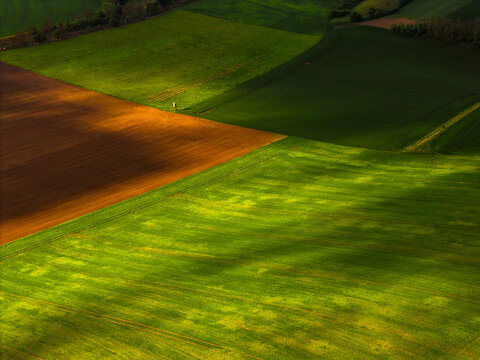 Aerial view of agricultural fields with contrasting green and brown soil patterns under soft light in Klobouky u Brna, Jihomoravsky kraj, Czechia.