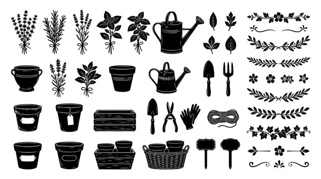 Gardening tools and plant pots icons.