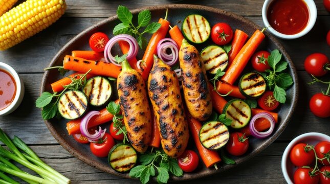 Grilled sausages and fresh mixed vegetables on a dark plate for a healthy summer meal