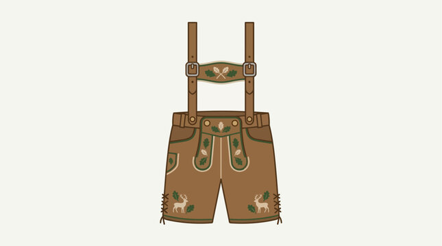 This flat design illustration showcases a traditional pair of Bavarian lederhosen with classic details, an iconic garment synonymous with Oktoberfest festivities. 