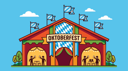 Fototapeta premium This flat design illustration features a festive Oktoberfest tent, subtly incorporating the iconic blue and white Bavarian flag pattern, symbolizing the heart of the German beer festival.