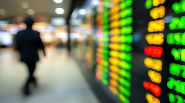 People walk by financial displays in a busy market during the day