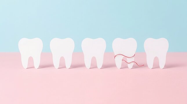 Dental health concept with flossed tooth