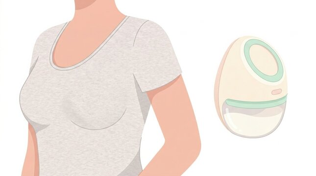 A woman wears a wearable breast pump while nursing her baby. The setting focuses on nursing support and practical solutions for lactating mothers.