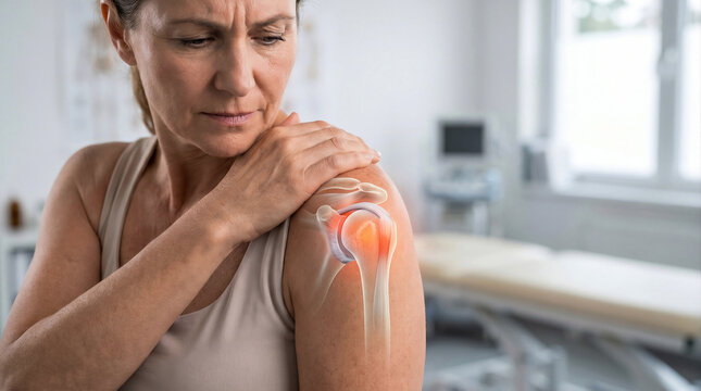 Shoulder joint pain and rotator cuff injury concept. Senior woman holding painful shoulder with glowing red skeleton x-ray hologram scan in medical clinic background