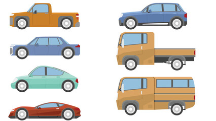 Naklejka premium Collection of flat vector vehicle icons shown from a side view profile. Set includes various automobiles such as a sports car, sedan, pickup truck, SUV, and commercial trucks. Isolated white color.