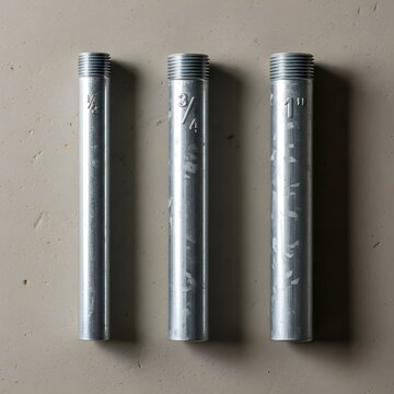 Three different sizes of galvanized steel pipes with threaded ends showing half three quarter and.
