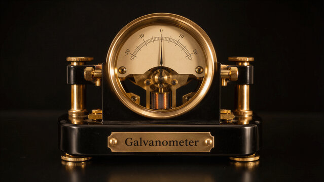 Galvanometer shows measurement on scale in a dark setting with gold and black colors and clear details of the device structure