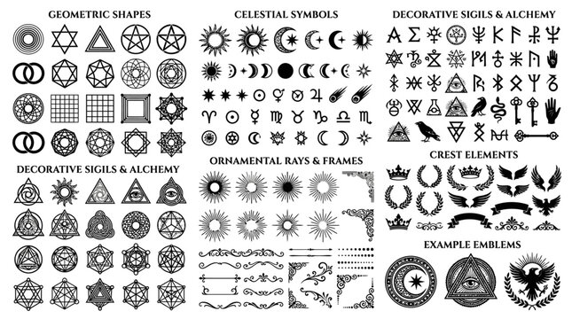 Geometric shapes and celestial symbols.