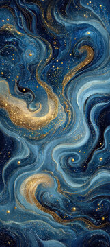 An abstract cosmic design featuring swirling blue and gold elements with star-like accents, creating a mystical and artistic appearance.
