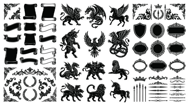Black silhouettes of medieval heraldic symbols.