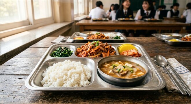 Korean school cafeteria meal tray with students dining in classroom background