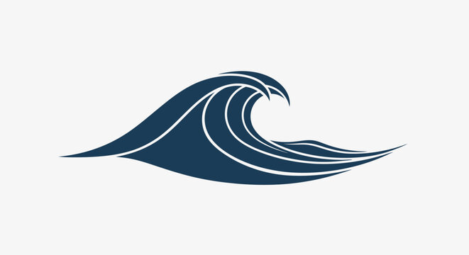 Minimalist graphic depiction of ocean wave in blue, representing marine themes and fluidity