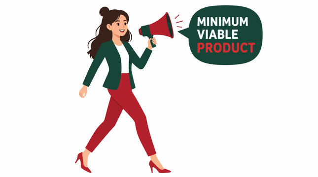 Businesswoman holding megaphone with MVP text.