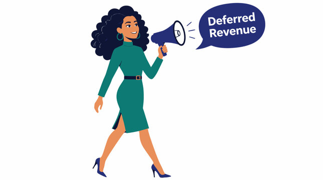Businesswoman announcing deferred revenue concept.
