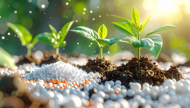 Green sprouts growing from soil with fertilizer in bright sunlight