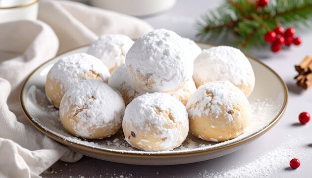 Traditional Snowball Cookies with Powdered Sugar for Christmas