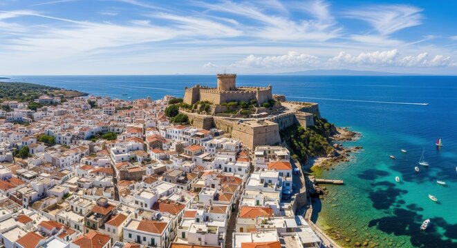 Aerial view of the historic castle and white houses of Skyros town ove