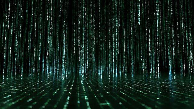 Glowing green code matrix tunnel, digital background