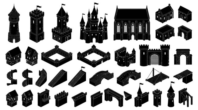 Various castle architectural silhouette elements.