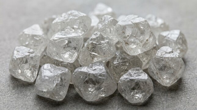 Pile of raw uncut diamonds on grey background, natural rough gemstones for jewelry manufacturing, luxury industry material, unpolished diamond crystals for investment