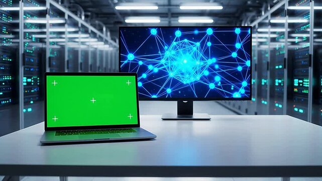 Laptop and monitor in server room