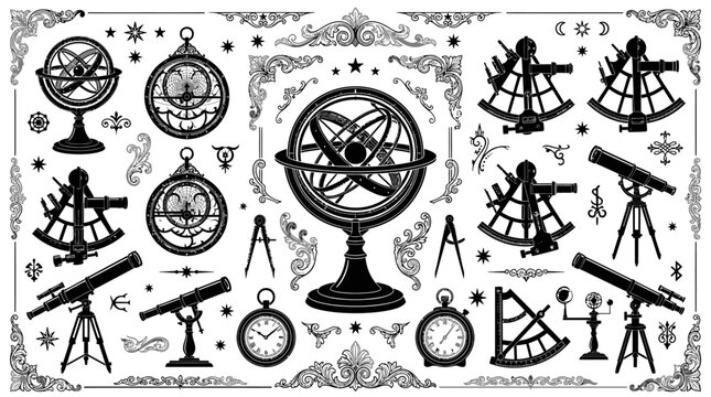 Astronomy instruments and celestial objects.