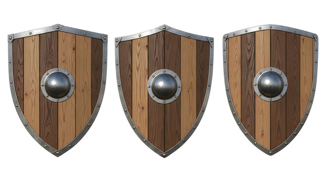 Three medieval shields with round metal boss and wood metal design isolated on white background