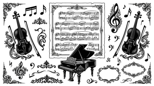 Piano and violins musical instruments.