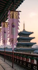 Traditional Korean temple framed by festive decorations, highlighting Korea Liberation Day, cultural preservation, historic beauty, and national celebration.