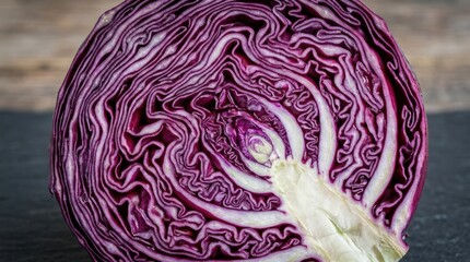 Obraz premium Cross section of fresh red cabbage head on dark background, macro shot of raw purple vegetable layers, healthy plant based diet ingredient for culinary photography
