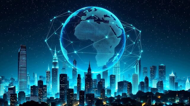 Futuristic cityscape with glowing globe