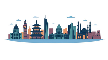 Obraz premium Global landmarks skyline illustration for summer travel and vacation planning, featuring iconic world architecture in a modern flat design style for international tourism concepts.