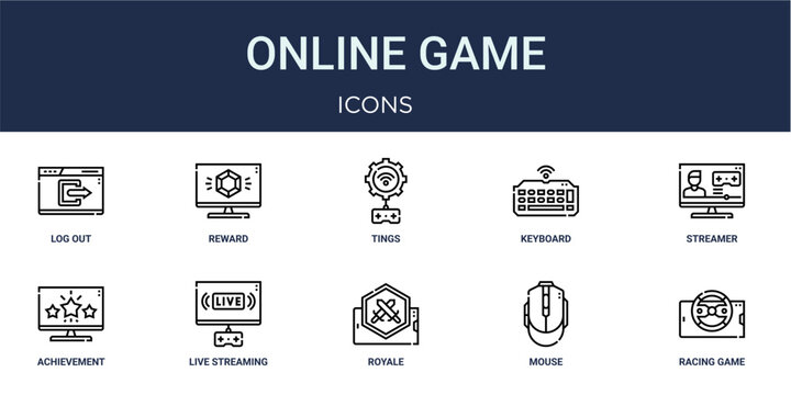 Set of 10 outline Online Game icons for reports, landing pages and application screens. Editable stroke icon pack including log out, reward, streamer, achievement and racing game.