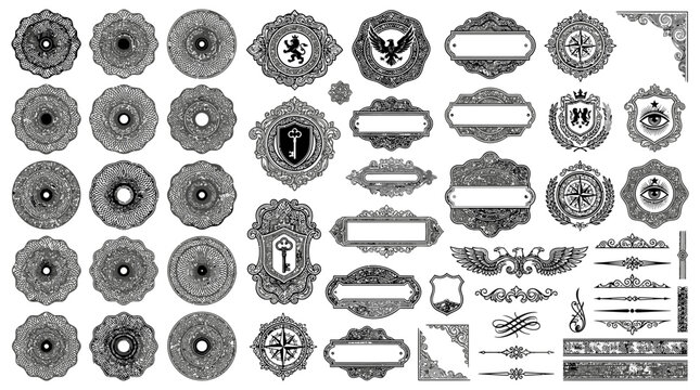 Collection of various metal badges.