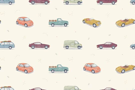 Seamless pattern featuring small watercolor of various cars, trucks, and vans arranged on a light beige textured paper background