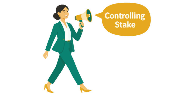 Businesswoman holding megaphone with controlling stake text.
