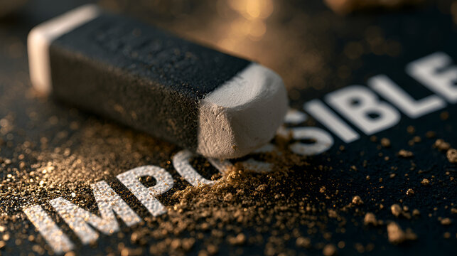 A textured black and white eraser rests on a dark surface while partially rubbing away the bold white letters of the word impossible in macro photography.