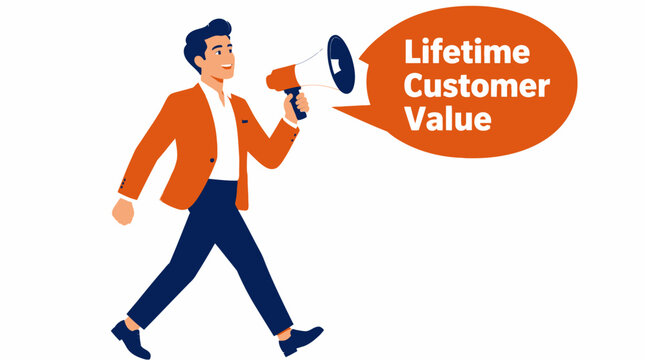 Businessman holding megaphone with lifetime customer value text.