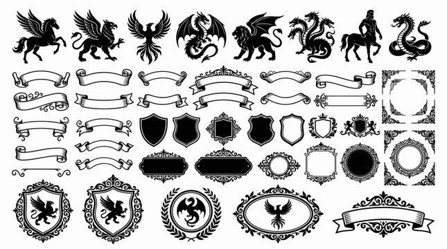 Collection of ornate crests and frames.