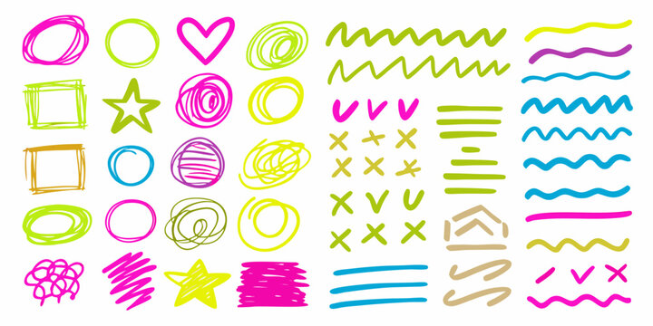 Hand Drawn Doodle Elements Collection Colorful Lines And Shapes On White