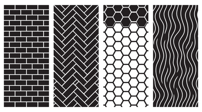 Brick herringbone honeycomb and wave patterns in black silhouette
