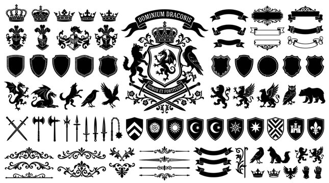 Heraldic symbols and crests icons set.