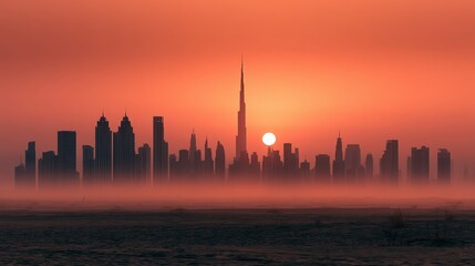 Fototapeta premium Stunning Sunset Over Dubai Skyline with Iconic Burj Khalifa View