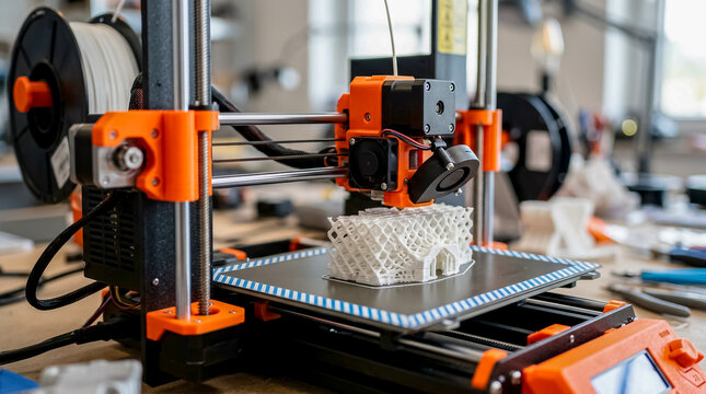 Close-up of a 3D printer in action, producing a precise lattice design on a build plate.