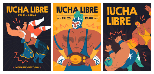 Naklejka premium Mexican Lucha libre fight, wrestling posters set. Mexico wrestlers in masks, Luchador championship, vertical promotion card. Advertising banners, flyer designs, templates. Flat vector illustrations