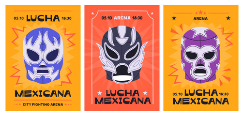 Naklejka premium Lucha libre wrestling posters set. Mexican fight event, vertical promotion card, ad banners. Promo advertising flyer designs, templates with luchador head masks. Flat vector illustrations
